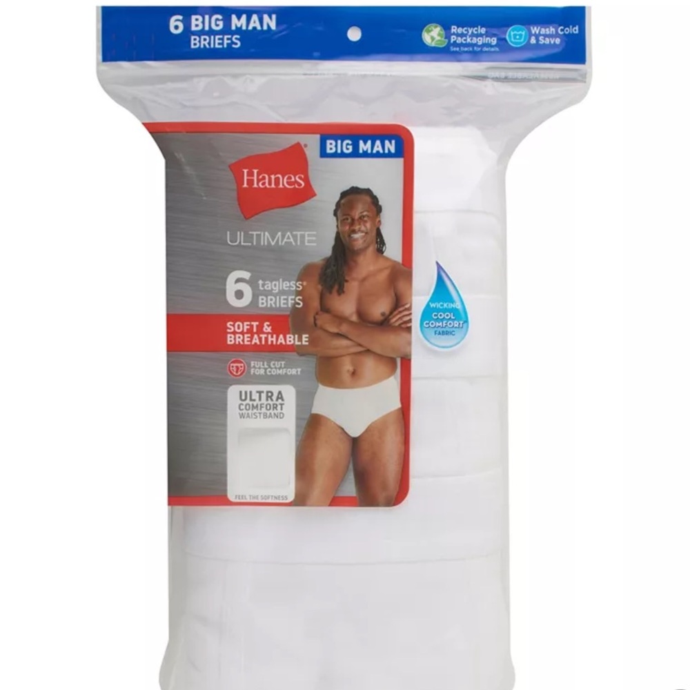 NWT Hanes 4XB Men Brief 6 Pack Ultimate Big Cool Comfort Waist White Underwear